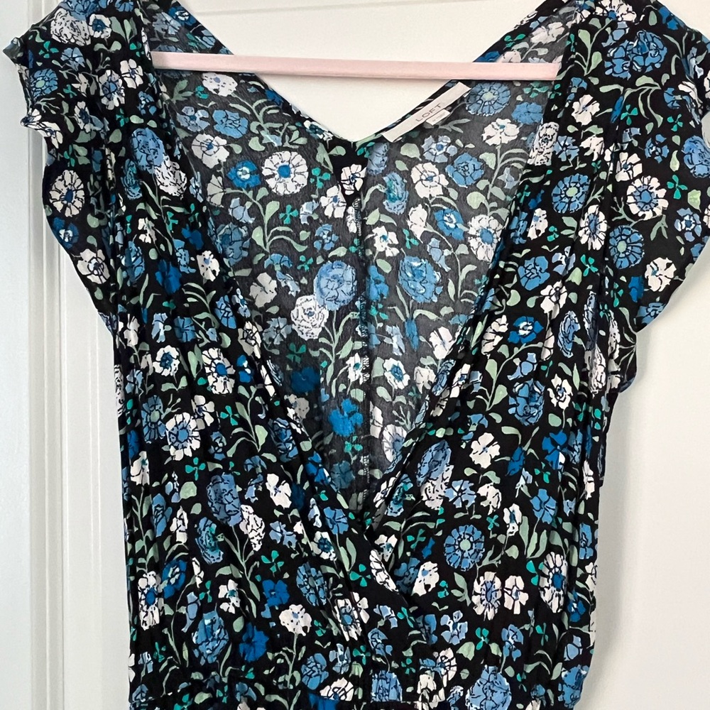 Ann Taylor LOFT Black and Blue Jumpsuit with V-Neck and Wide-Leg Design
